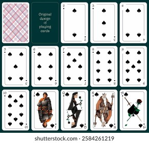 Original design of playing cards. All cards are of the spade suit. Standard poker deck from deuce to ace