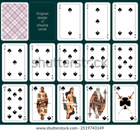 Original design of playing cards. All the cards of the clubs suit. Standard poker deck from two to ace. All cards are clubs