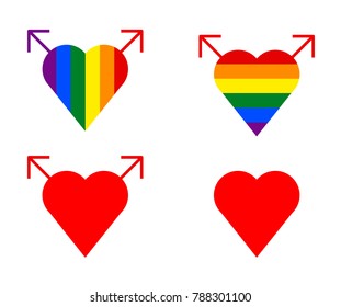 Original design of a set of four icons or logos of hearts with gay motif. Union of male symbols forming a heart.