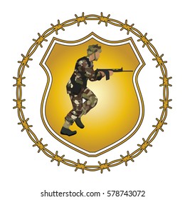 Original design soldier shield crest emblem. Uniform similar British Paratrooper Regiment of the 1980s