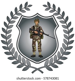 Original design soldier shield crest emblem. Uniform similar British Paratrooper Regiment of the 1980s