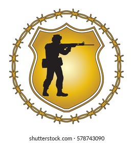 Original design soldier shield crest emblem. Uniform similar British Paratrooper Regiment of the 1980s