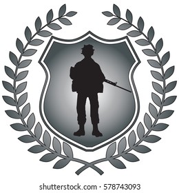 Original design soldier shield crest emblem. Uniform similar British Paratrooper Regiment of the 1980s