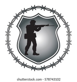 Original design soldier shield crest emblem. Uniform similar British Paratrooper Regiment of the 1980s