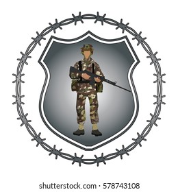 Original design soldier shield crest emblem. Uniform similar British Paratrooper Regiment of the 1980s