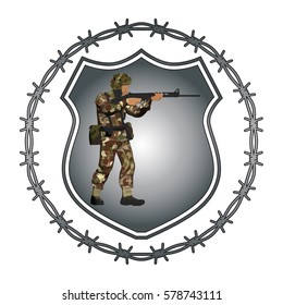 Original design soldier shield crest emblem. Uniform similar British Paratrooper Regiment of the 1980s