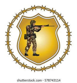 Original design soldier shield crest emblem. Uniform similar British Paratrooper Regiment of the 1980s