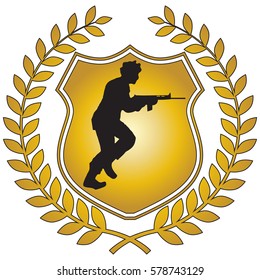 Original design soldier shield crest emblem. Uniform similar British Paratrooper Regiment of the 1980s