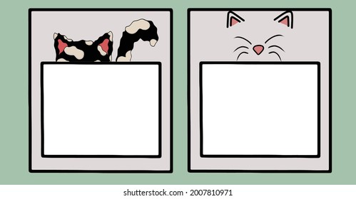 El diseño original de pegatinas con la imagen de un gato y la cara de un gato. Marco para fotos o dibujos.  Etiquetas vectoras para notas, estudio, postales, notas, planificadores, regalos.