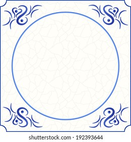Original design of a traditional delft blue tile with abstract illustration in shades of blue, cream and grey grunge background and room for text, image or photo, vector, eps 10