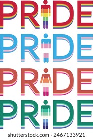 original, design of the word pride in the colors of the flags of the lgbt community and a little man instead of the letter i, for posters, designs or packaging