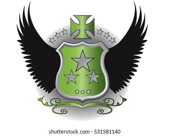 A original designed shield with stars, decorative cross, wings and other elements