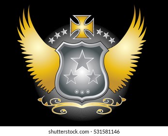 A original designed shield with stars, decorative cross, wings and other elements