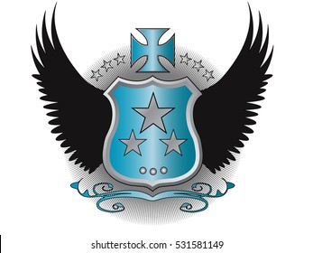 A original designed shield with stars, decorative cross, wings and other elements