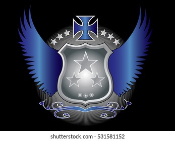 A original designed shield with stars, decorative cross, wings and other elements