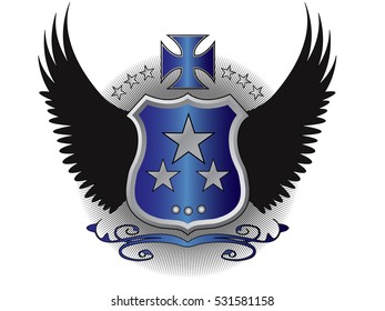 A original designed shield with stars, decorative cross, wings and other elements