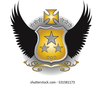 A original designed shield with stars, decorative cross, wings and other elements