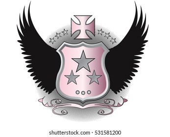 A original designed shield with stars, decorative cross, wings and other elements