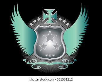 A original designed shield with stars, decorative cross, wings and other elements