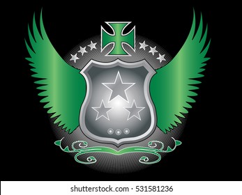 A original designed shield with stars, decorative cross, wings and other elements
