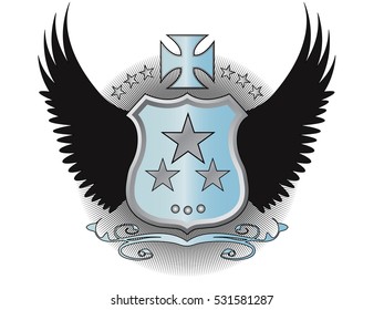 A original designed shield with stars, decorative cross, wings and other elements