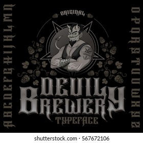 Original devil brewery typeface. Retro font set with hops ornament, devil and pentagram for making label design.