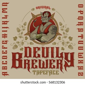 Original devil brewery typeface. Retro font set with hops ornament, devil and pentagram for making label design.