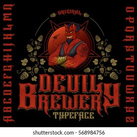 Original Devil Brewery Typeface. Retro Font Set With Hops Ornament, Devil And Pentagram For Making Label Design.