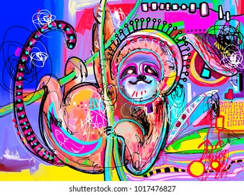 original digital abstract painting of sloth - perfect to interior design decoration or greeting poster, positive artwork vector illustration