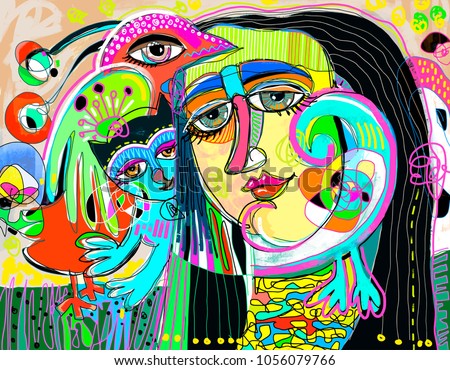 original digital art composition of women face, bird and red cat, contemporary modern art painting vector illustration