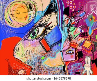 original digital contemporary artwork with abstract cat and rabbit, abstraction art vector illustration