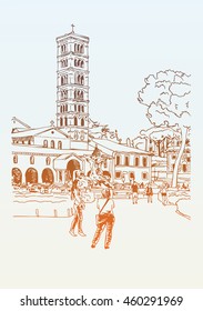 original digital drawing of Rome street, Italy, old italian imperial building with people walking, travel book vector illustration