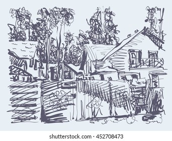 original digital graphic of village composition with houses and trees, freehand sketch vector illustration