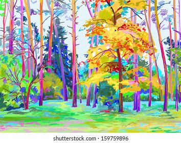 original digital painting of autumn landscape, vector version, autotrace image