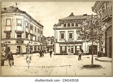 original digital sketch vector illustration of Uzhgorod cityscape on old paper background, Ukraine