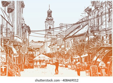 original digital sketch vector illustration of Uzhgorod cityscape, Ukraine