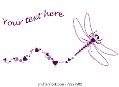 Original dragonfly made of heart shapes with fly path in purple colored hearts, perfect simple border for wedding invitation of Valentine's day card.