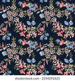 Original drawing design flowers field, wildflower floral  blossom bloom seamless pattern. Embroidery dark background spring ditsy floral print