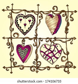 Original drawing doodle hearts. Template frame design for love card with set of doodle lace heart.