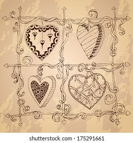 Original drawing doodle hearts. Template frame design for love card with set of doodle lace heart.