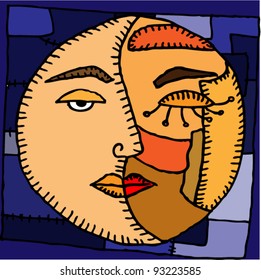 Original drawing of double moon face on blue pattern background