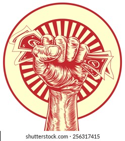 An original drawing of a fist holding money in a vintage propaganda wood cut style