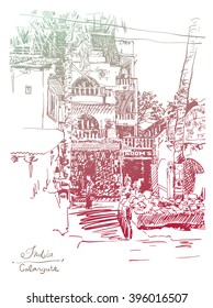 original drawing of India Goa Calangute Baga landscape point-of-sale street, travel sketch, touristic postcard or poster, vector illustration