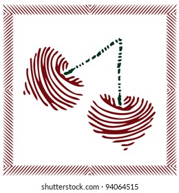 Original drawing of red cherry on white background- label