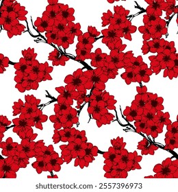 Original drawing red Cherry Sakura blossom flowers  seamless pattern. Trendy floral oriental Japanese print repetitive background