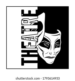 Original drawing of theatrical masks.  Comedy and tragedy in vintage style. Kind and evil joker. Cheerful and sad actor. Poster for theater playbill. Illustration for t shirt print.