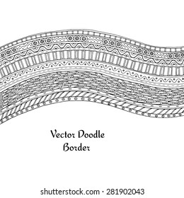 Original Drawing Tribal Doddle Ethnic Pattern Border. Detailed Background With Geometric Elements. Black And White Version.