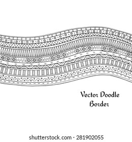 Original Drawing Tribal Doddle Ethnic Pattern Border. Detailed Background With Geometric Elements. Black And White Version.