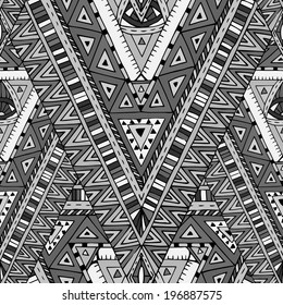 Original drawing tribal doddle rhombus. Seamless pattern with geometric elements. Black and white version.