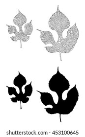 Original drawings of mulberry leaves in solid and mosaic forms that can be layered. Vector art illustration.